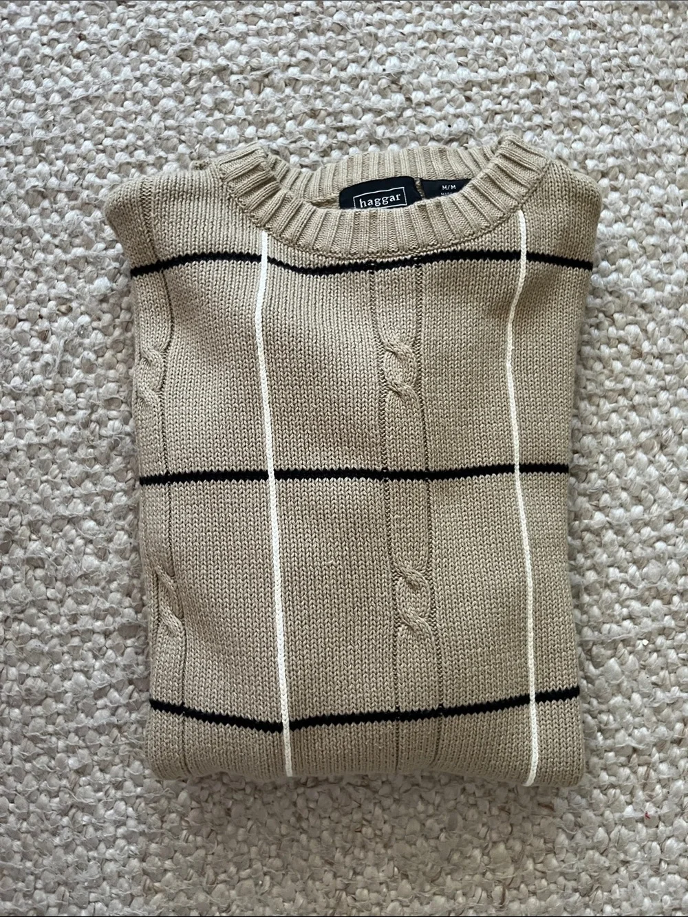 Vintage Haggar Beige Crewneck Cable-Knit Windowpane Sweater 100% Cotton Size M